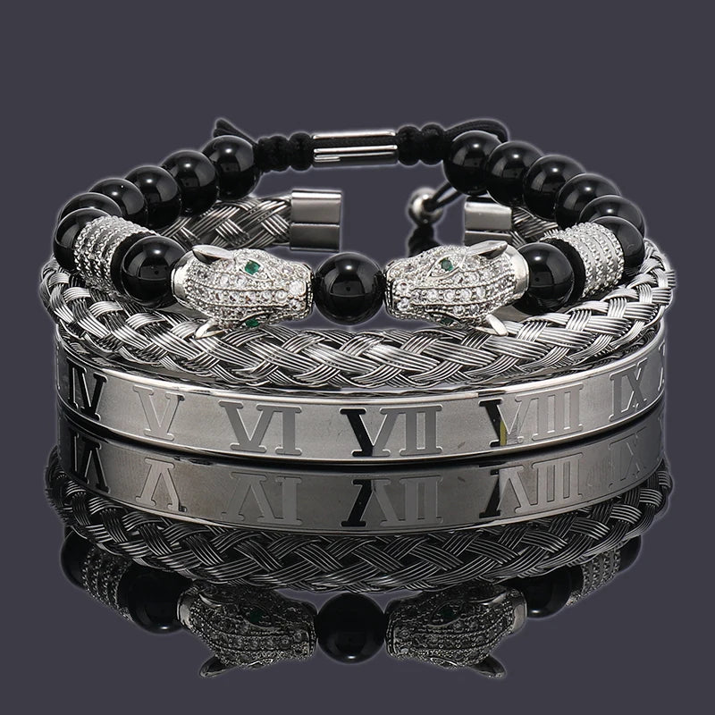 Luxury Black Stone Beads Leopard Head Man Bracelet Enamel Stainless Steel Roman Bangles Women Jewelry Set