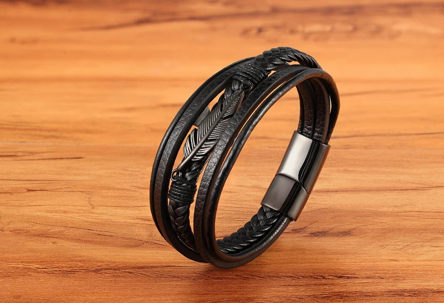 XQNI Multi-layer Leather Feather Shape Accessories Men's Bracelet Stainless Steel Leather Bracelet For Special Birthday Present