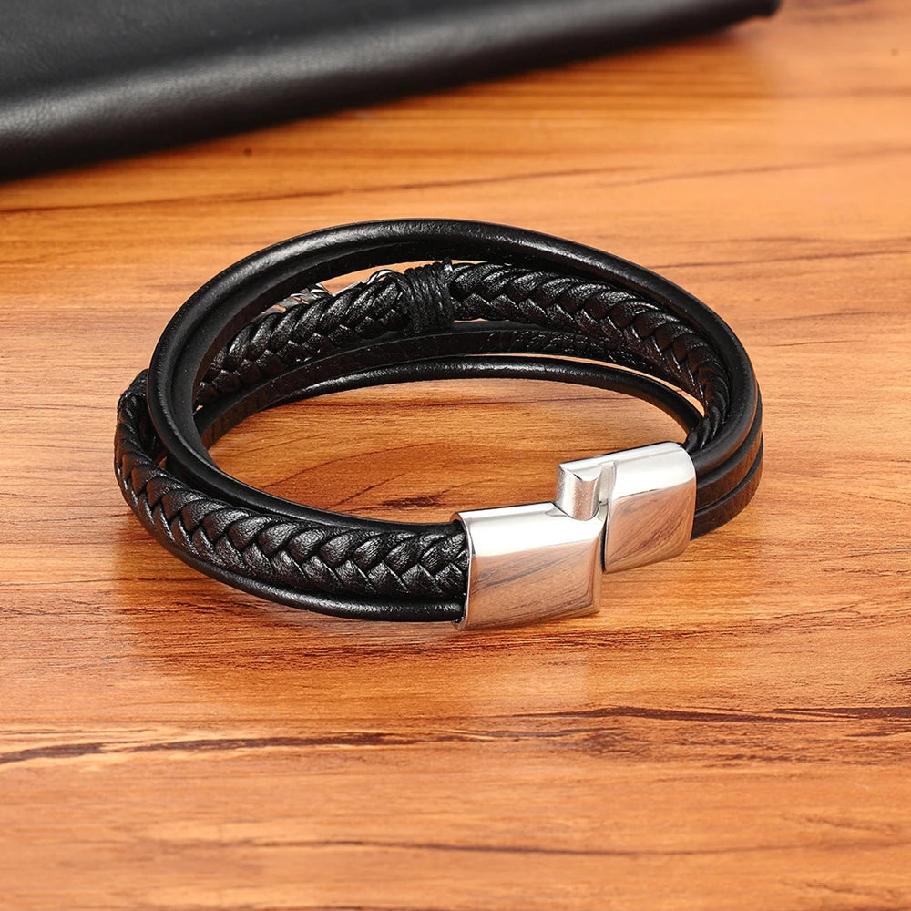 XQNI Multi-layer Leather Feather Shape Accessories Men's Bracelet Stainless Steel Leather Bracelet For Special Birthday Present