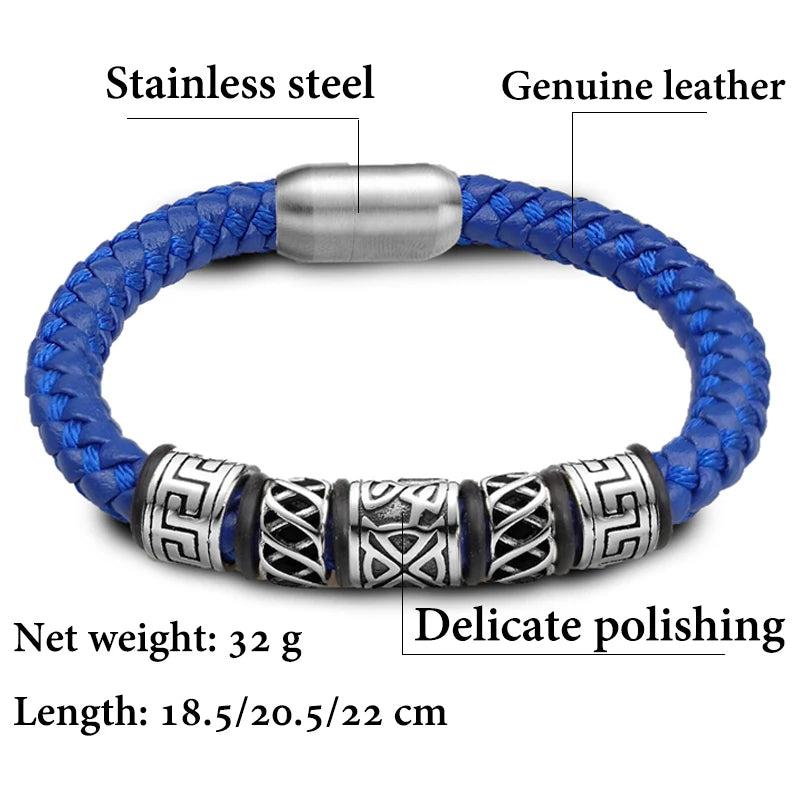 Punk Style Coffee Leather Bracelet 316L Stainless Steel 5 Viking Bead Bracelet Powerful Magnet Clasp 4 Color Friend Gifts