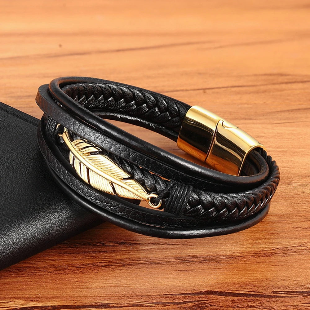 XQNI Multi-layer Leather Feather Shape Accessories Men's Bracelet Stainless Steel Leather Bracelet For Special Birthday Present