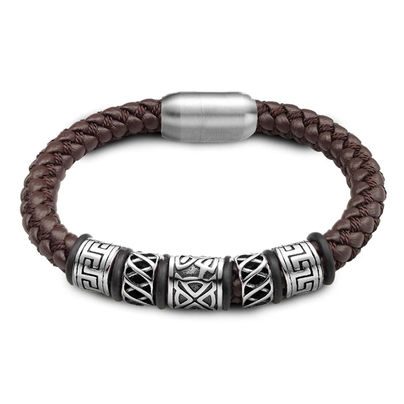 Punk Style Coffee Leather Bracelet 316L Stainless Steel 5 Viking Bead Bracelet Powerful Magnet Clasp 4 Color Friend Gifts