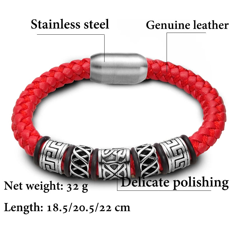 Punk Style Coffee Leather Bracelet 316L Stainless Steel 5 Viking Bead Bracelet Powerful Magnet Clasp 4 Color Friend Gifts