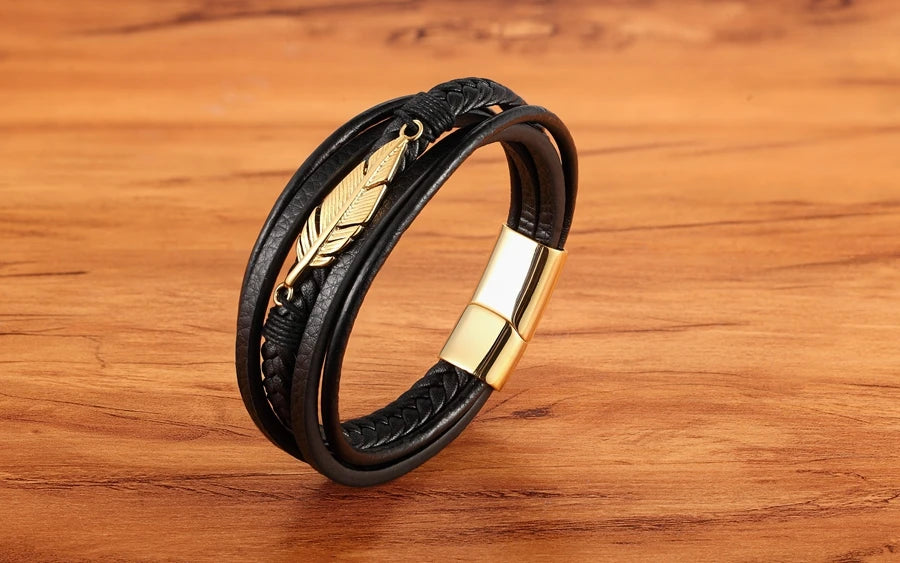 XQNI Multi-layer Leather Feather Shape Accessories Men's Bracelet Stainless Steel Leather Bracelet For Special Birthday Present