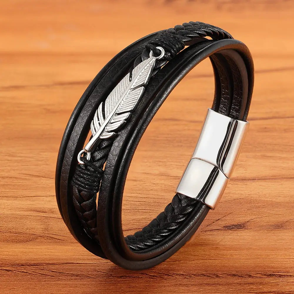 XQNI Multi-layer Leather Feather Shape Accessories Men's Bracelet Stainless Steel Leather Bracelet For Special Birthday Present