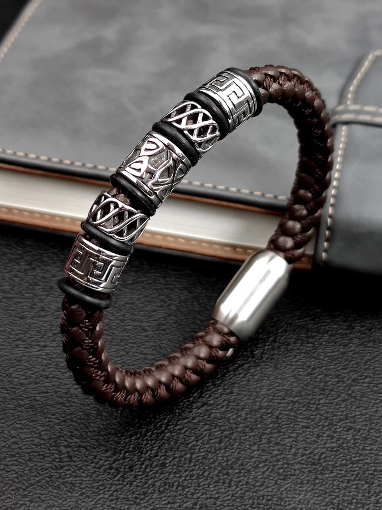 Punk Style Coffee Leather Bracelet 316L Stainless Steel 5 Viking Bead Bracelet Powerful Magnet Clasp 4 Color Friend Gifts