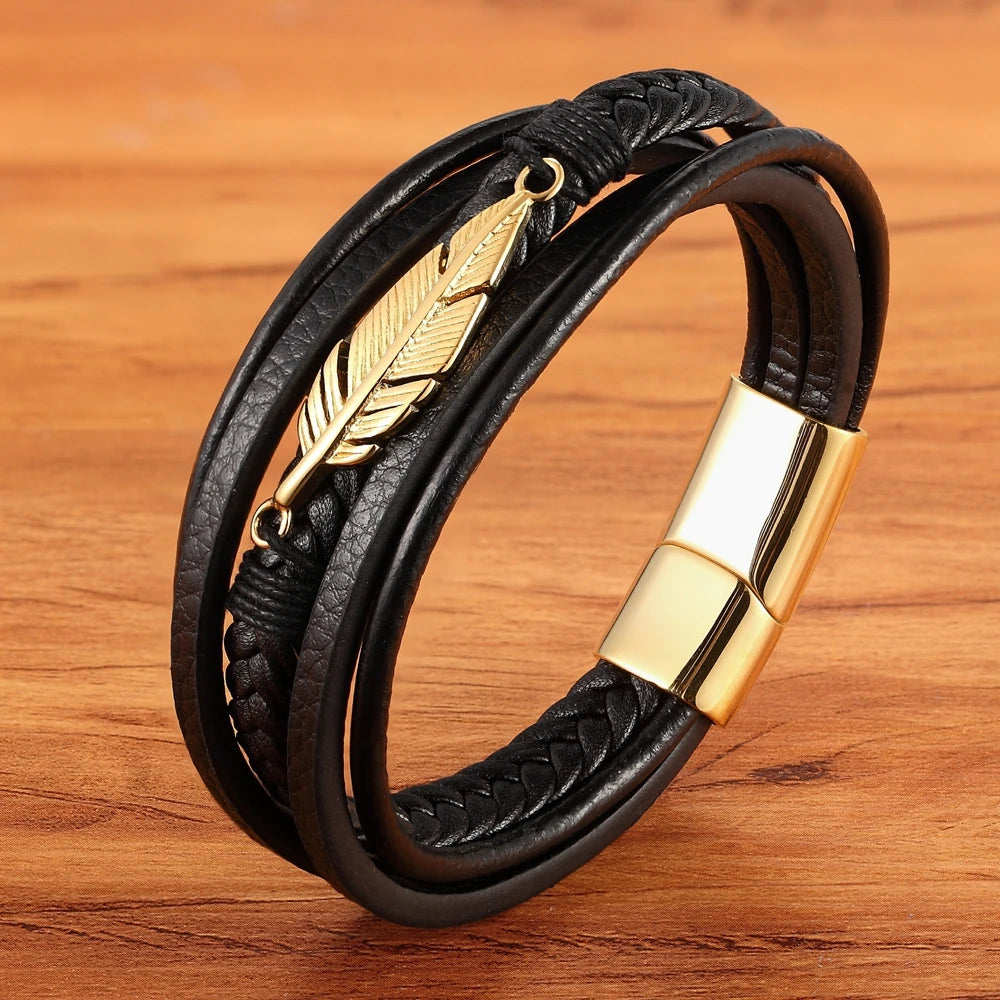 XQNI Multi-layer Leather Feather Shape Accessories Men's Bracelet Stainless Steel Leather Bracelet For Special Birthday Present