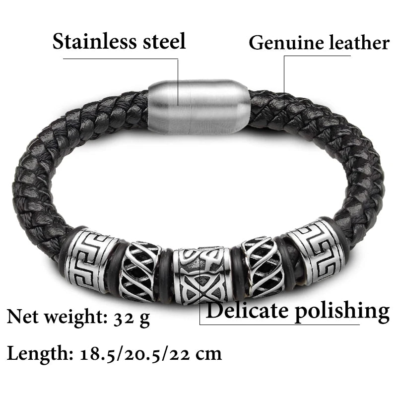 Punk Style Coffee Leather Bracelet 316L Stainless Steel 5 Viking Bead Bracelet Powerful Magnet Clasp 4 Color Friend Gifts