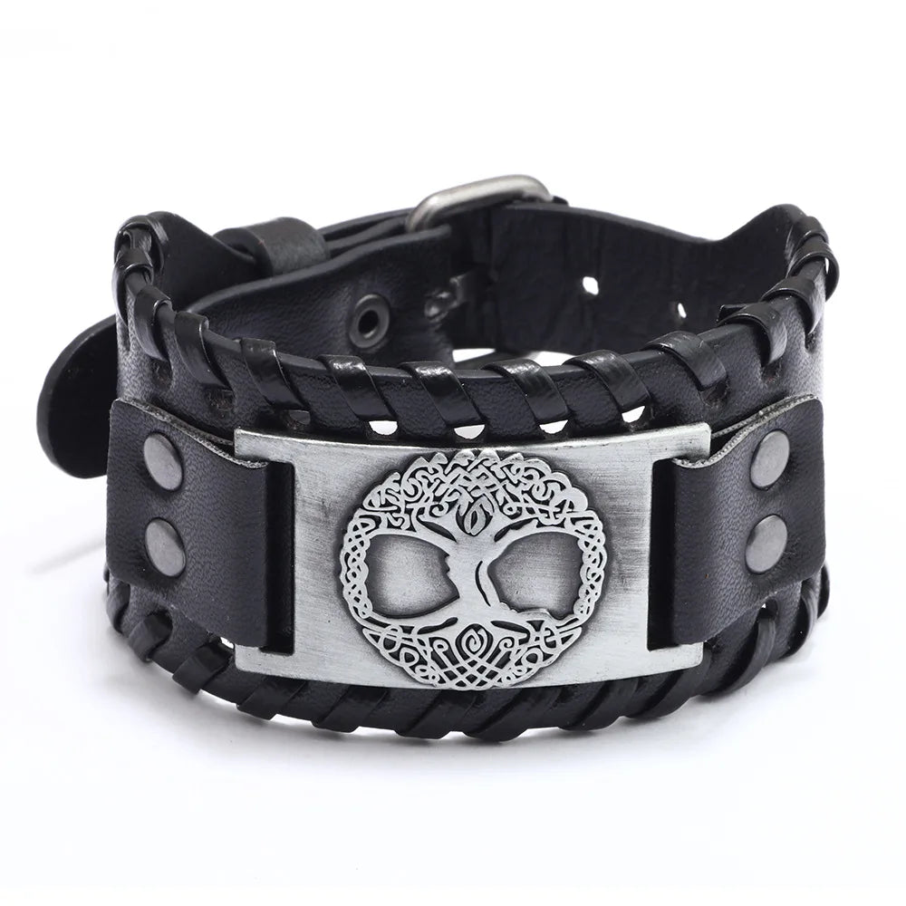 Totem Design Wide Leather Pirate Compass Bracelet Men's Bracelet Celtic Viking Jewelry Compass Bracelet Accessories Party Gifts