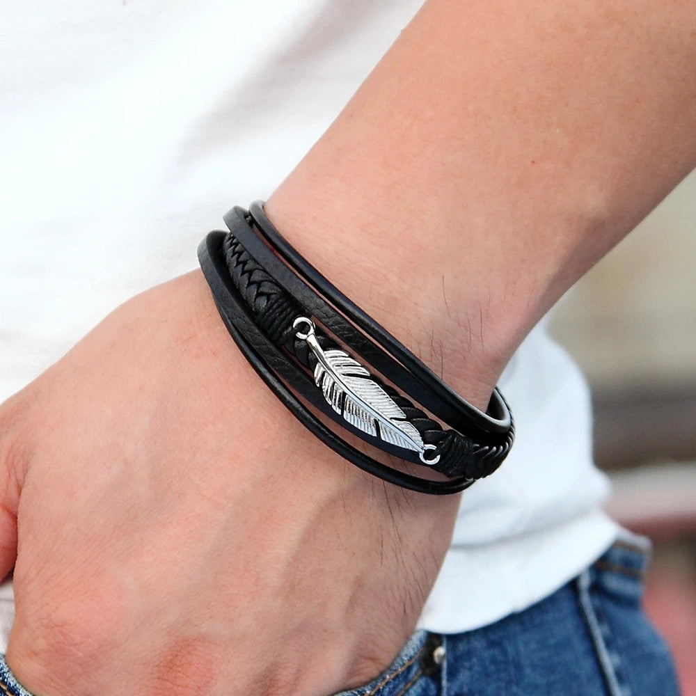 XQNI Multi-layer Leather Feather Shape Accessories Men's Bracelet Stainless Steel Leather Bracelet For Special Birthday Present