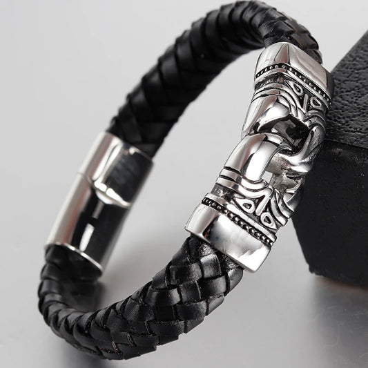 FASHION Men Bracelet Black  Vintage Leather Bracelet Stainless Steel Magnetic Clasps Bracelets Male Hot Jewelry  Ethnic Ethnic
