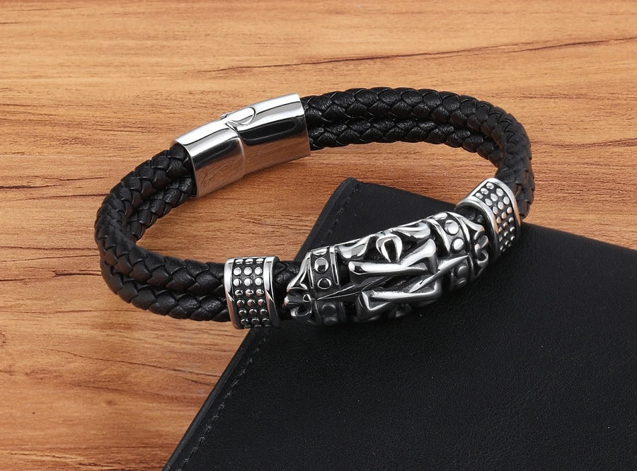 XQNI Punk Style Ancient Architecture Totem Elegant Small Adorn Article Genuine Leather Bracelet Double Layer Hand Jewelry Gift