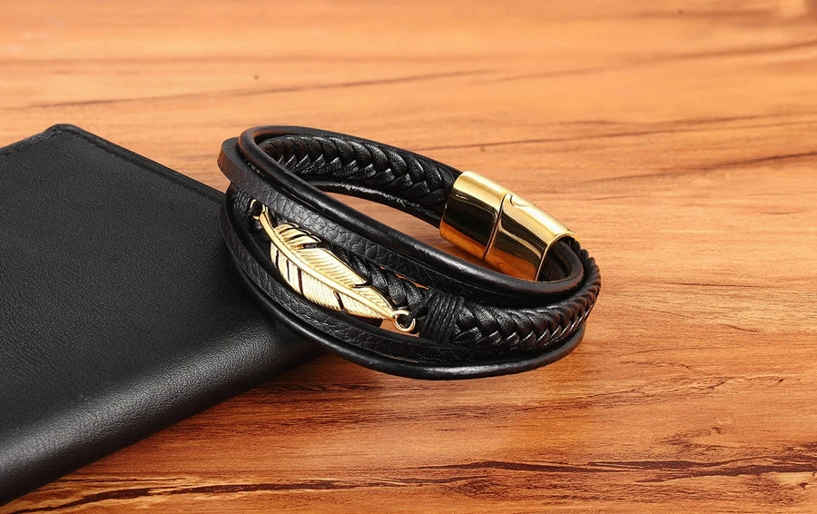 XQNI Multi-layer Leather Feather Shape Accessories Men's Bracelet Stainless Steel Leather Bracelet For Special Birthday Present