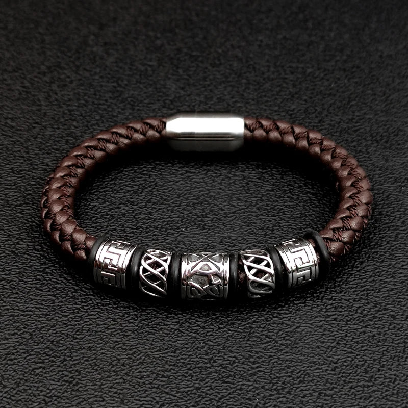 Punk Style Coffee Leather Bracelet 316L Stainless Steel 5 Viking Bead Bracelet Powerful Magnet Clasp 4 Color Friend Gifts
