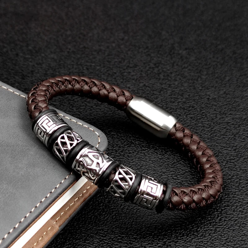 Punk Style Coffee Leather Bracelet 316L Stainless Steel 5 Viking Bead Bracelet Powerful Magnet Clasp 4 Color Friend Gifts