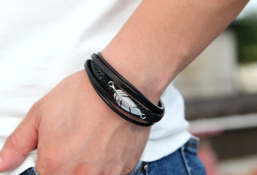 XQNI Multi-layer Leather Feather Shape Accessories Men's Bracelet Stainless Steel Leather Bracelet For Special Birthday Present