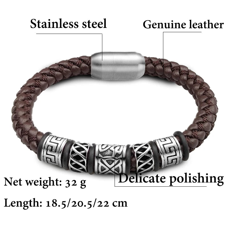 Punk Style Coffee Leather Bracelet 316L Stainless Steel 5 Viking Bead Bracelet Powerful Magnet Clasp 4 Color Friend Gifts