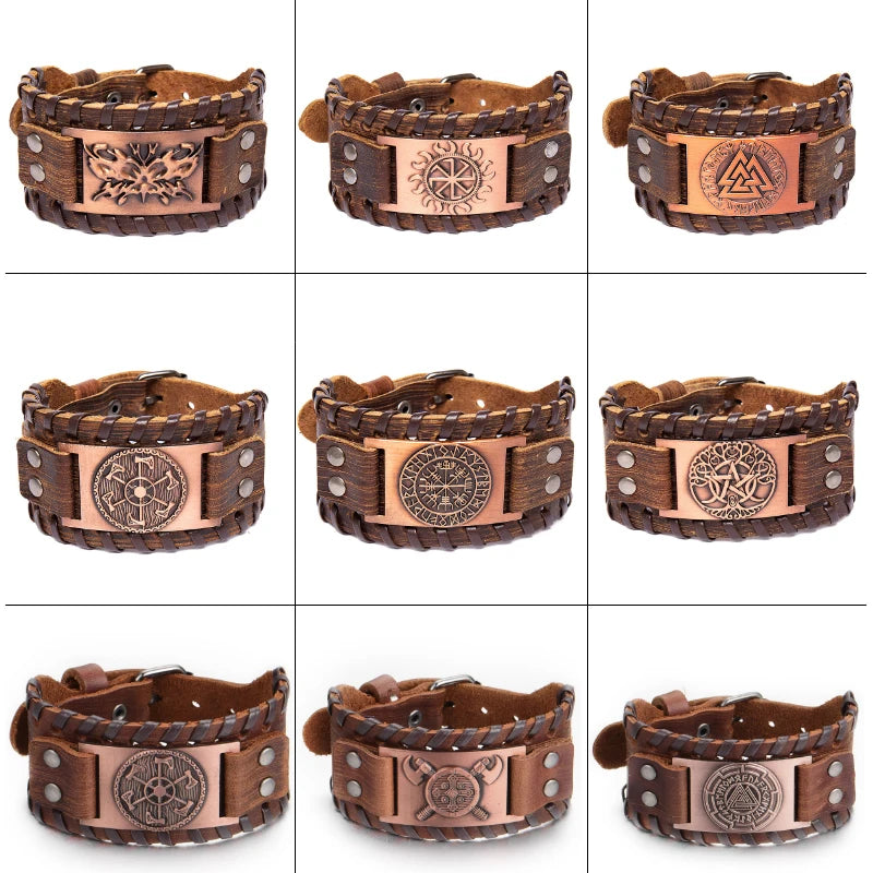 Totem Design Wide Leather Pirate Compass Bracelet Men's Bracelet Celtic Viking Jewelry Compass Bracelet Accessories Party Gifts