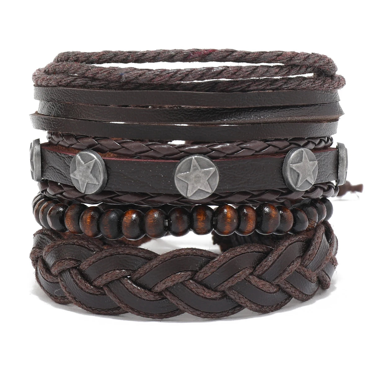 Men's Brown Beaded Chain Leather Bracelet Set