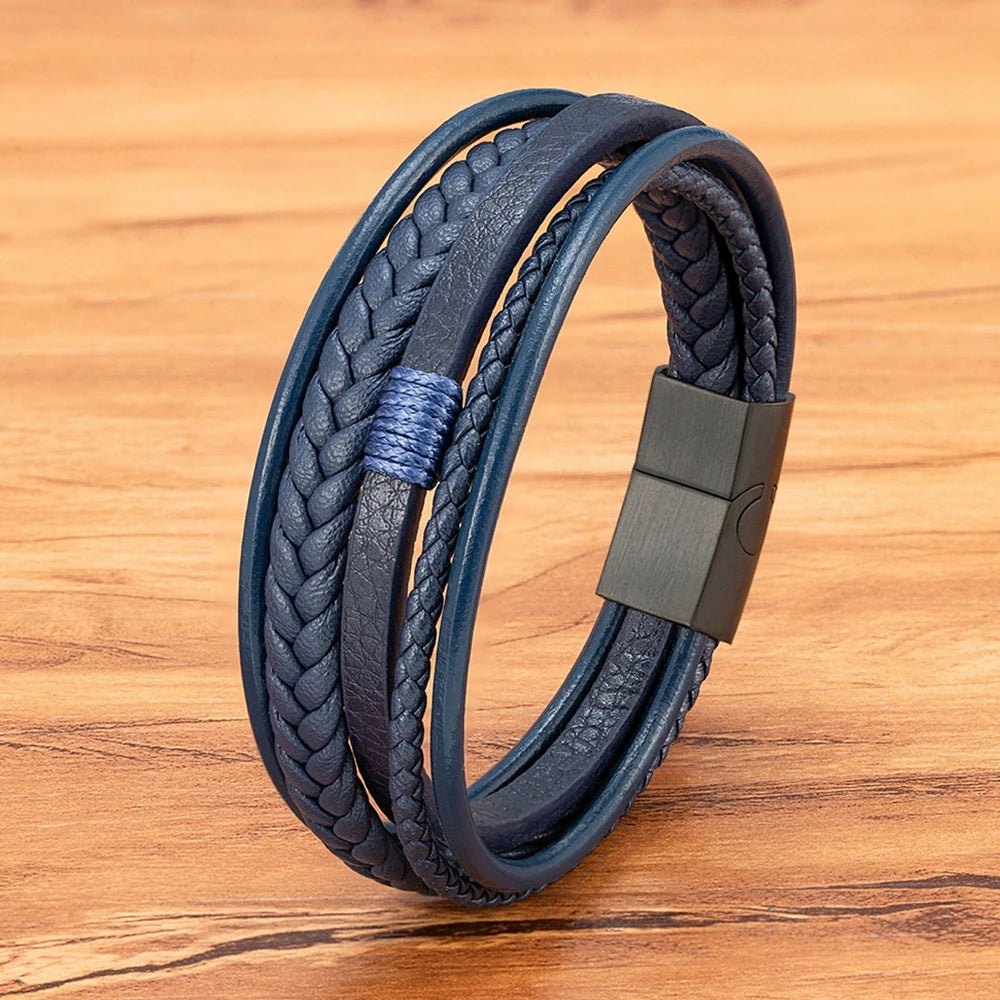 XQNI Luxury Fashion Hand-Woven Leather Bracelet Multilayer Men's Bangles Stainless Steel Magnetic Buckle Party Jewelry Gift