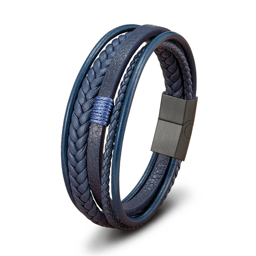 XQNI Luxury Fashion Hand-Woven Leather Bracelet Multilayer Men's Bangles Stainless Steel Magnetic Buckle Party Jewelry Gift