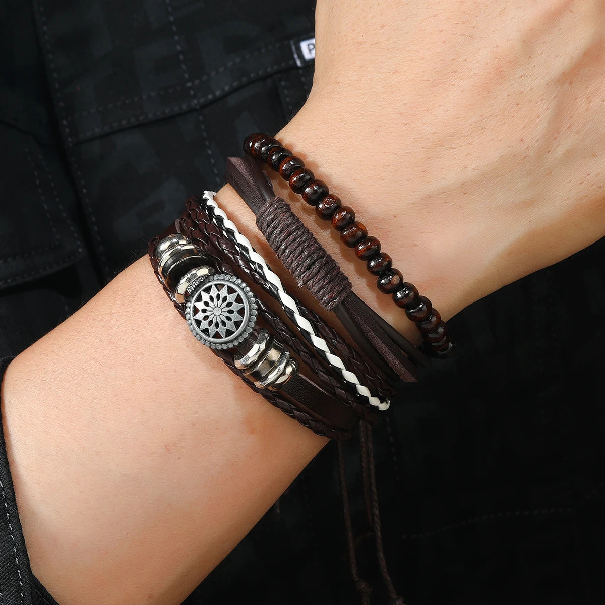 Men's Brown Beaded Chain Leather Bracelet Set