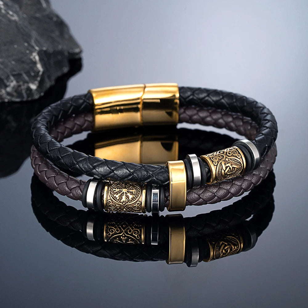Punk Men's Genuine Leather & Stainless Steel Braided Bracelet - Viking Norse Runes Bead Bangle, Adjustable Couple Jewelry Gifts