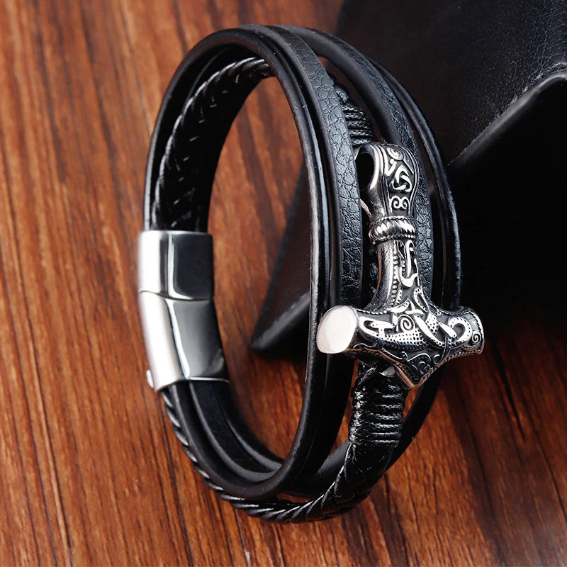 Trendy Genuine Leather Bracelet Men Classic Magnetic Button Stainless Steel Bangles Rope Wrap Charm for Male Bracelets