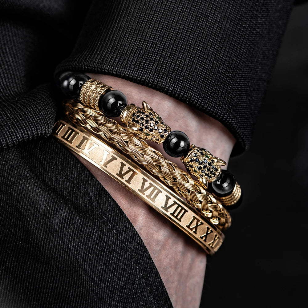 3PCS Mens Premium Black Agate Beaded Bracelet Set - Double Leopard Head, Roman Numerals, Adjustable Braided Design Bracelets