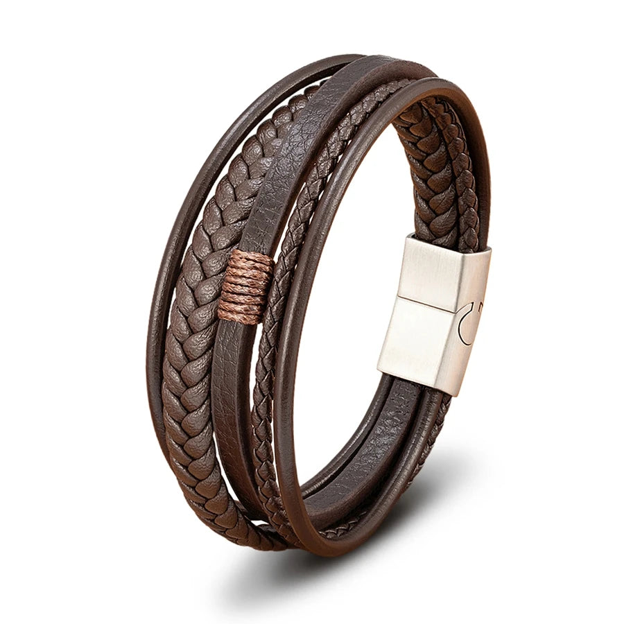 XQNI Luxury Fashion Hand-Woven Leather Bracelet Multilayer Men's Bangles Stainless Steel Magnetic Buckle Party Jewelry Gift
