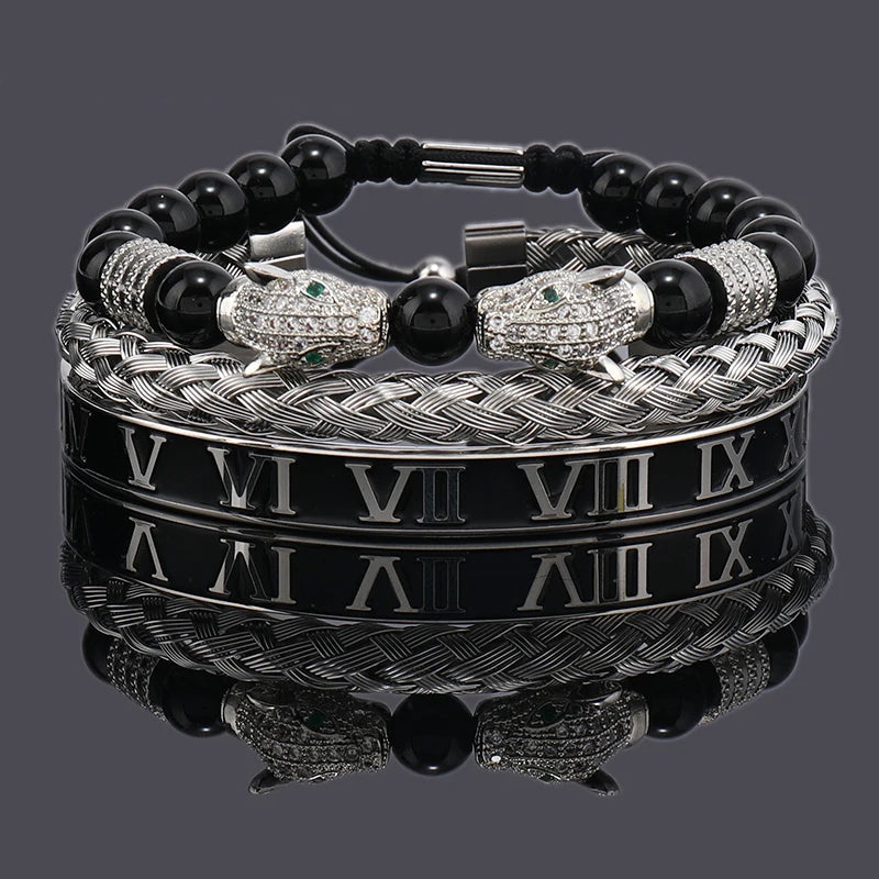 Luxury Black Stone Beads Leopard Head Man Bracelet Enamel Stainless Steel Roman Bangles Women Jewelry Set