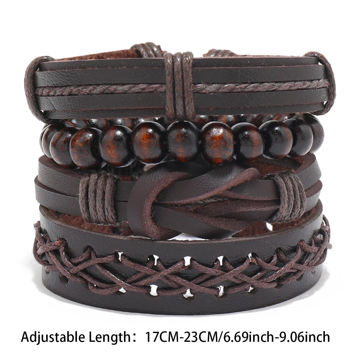 Men's Brown Beaded Chain Leather Bracelet Set