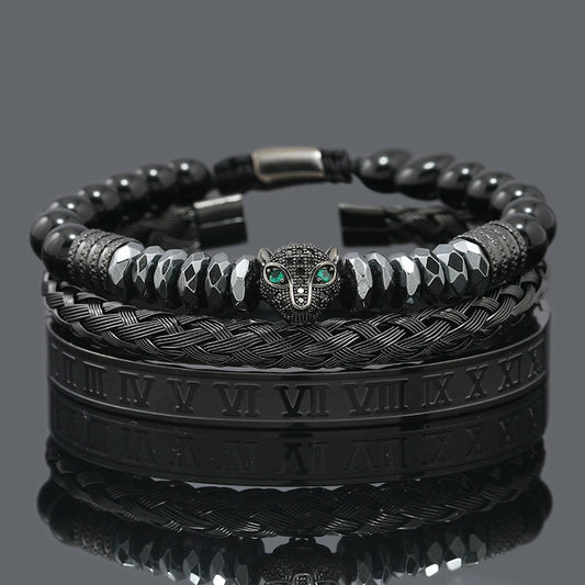 Black Stone Hematite Beads Men Skull Crown Leopard Head Handmade Bracelets Enamel Roman Bangles Hiphop Pulseras Jewelry