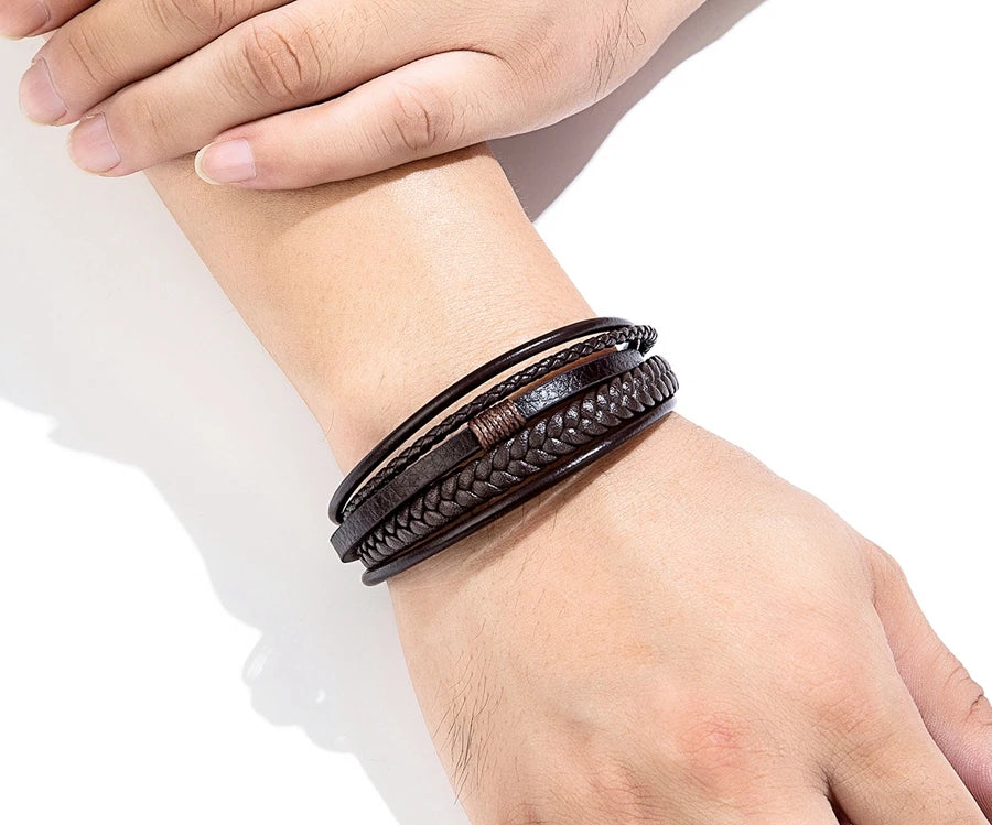 XQNI Luxury Fashion Hand-Woven Leather Bracelet Multilayer Men's Bangles Stainless Steel Magnetic Buckle Party Jewelry Gift