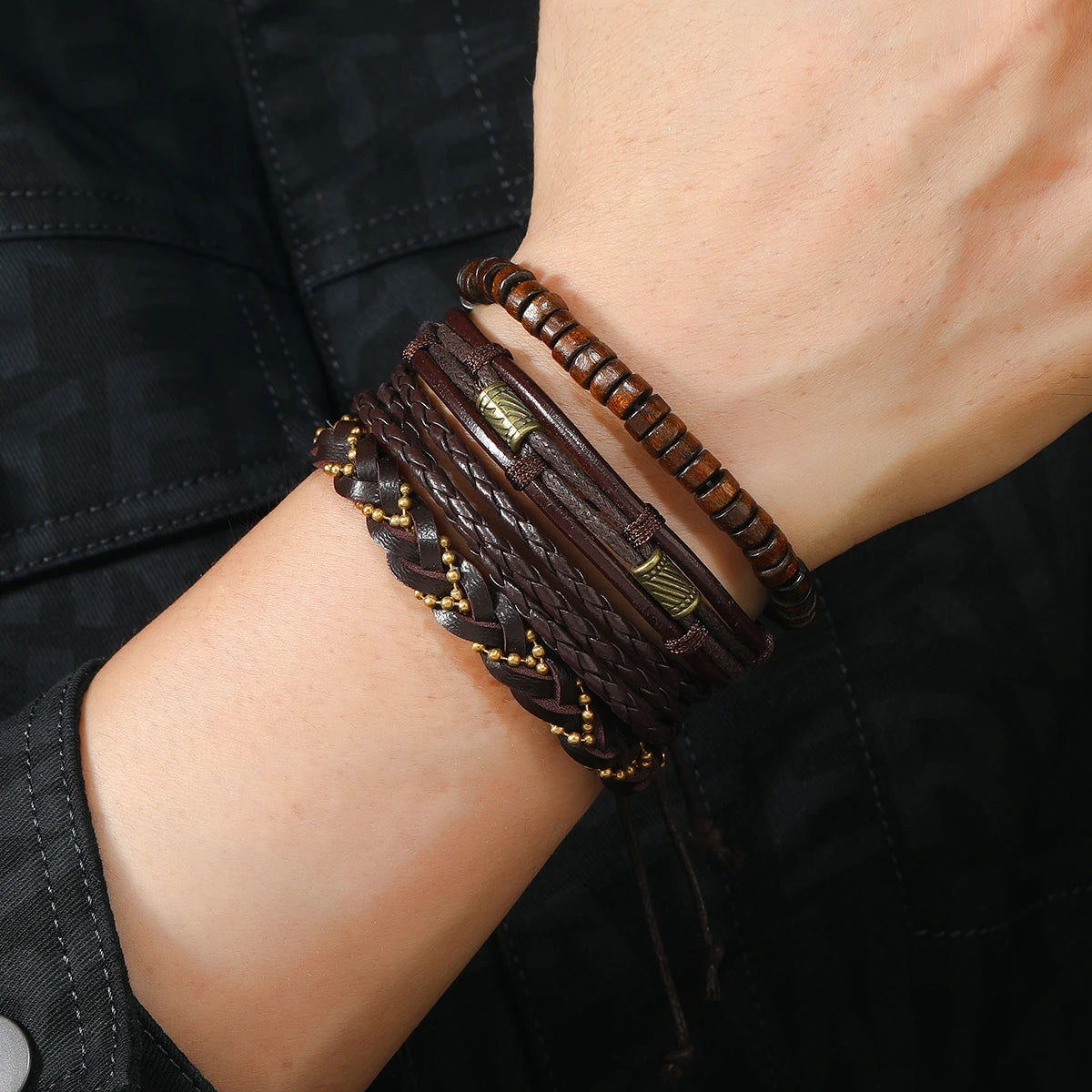 Men's Brown Beaded Chain Leather Bracelet Set