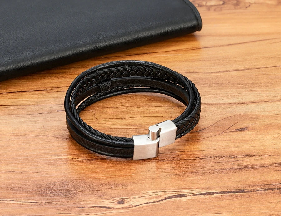 XQNI Luxury Fashion Hand-Woven Leather Bracelet Multilayer Men's Bangles Stainless Steel Magnetic Buckle Party Jewelry Gift