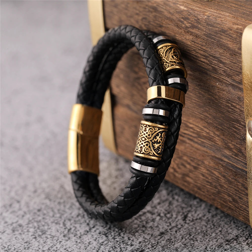 Punk Men's Genuine Leather & Stainless Steel Braided Bracelet - Viking Norse Runes Bead Bangle, Adjustable Couple Jewelry Gifts