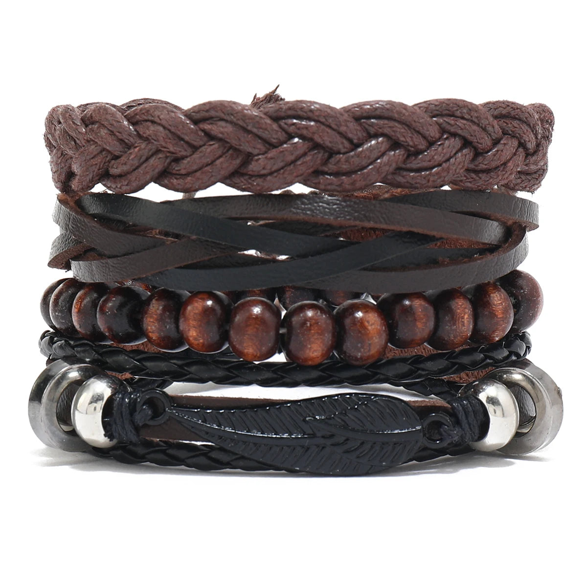Men's Brown Beaded Chain Leather Bracelet Set