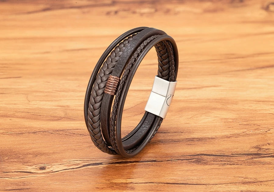 XQNI Luxury Fashion Hand-Woven Leather Bracelet Multilayer Men's Bangles Stainless Steel Magnetic Buckle Party Jewelry Gift