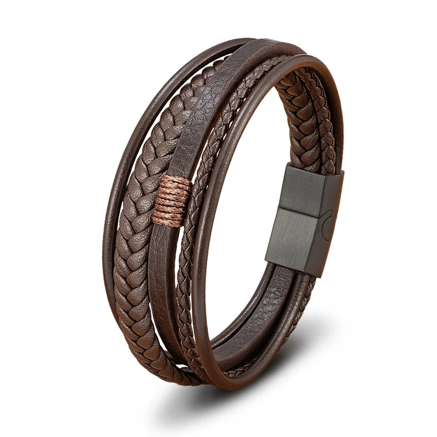 XQNI Luxury Fashion Hand-Woven Leather Bracelet Multilayer Men's Bangles Stainless Steel Magnetic Buckle Party Jewelry Gift