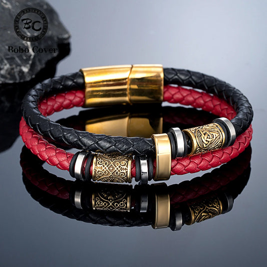 Punk Men's Genuine Leather & Stainless Steel Braided Bracelet - Viking Norse Runes Bead Bangle, Adjustable Couple Jewelry Gifts