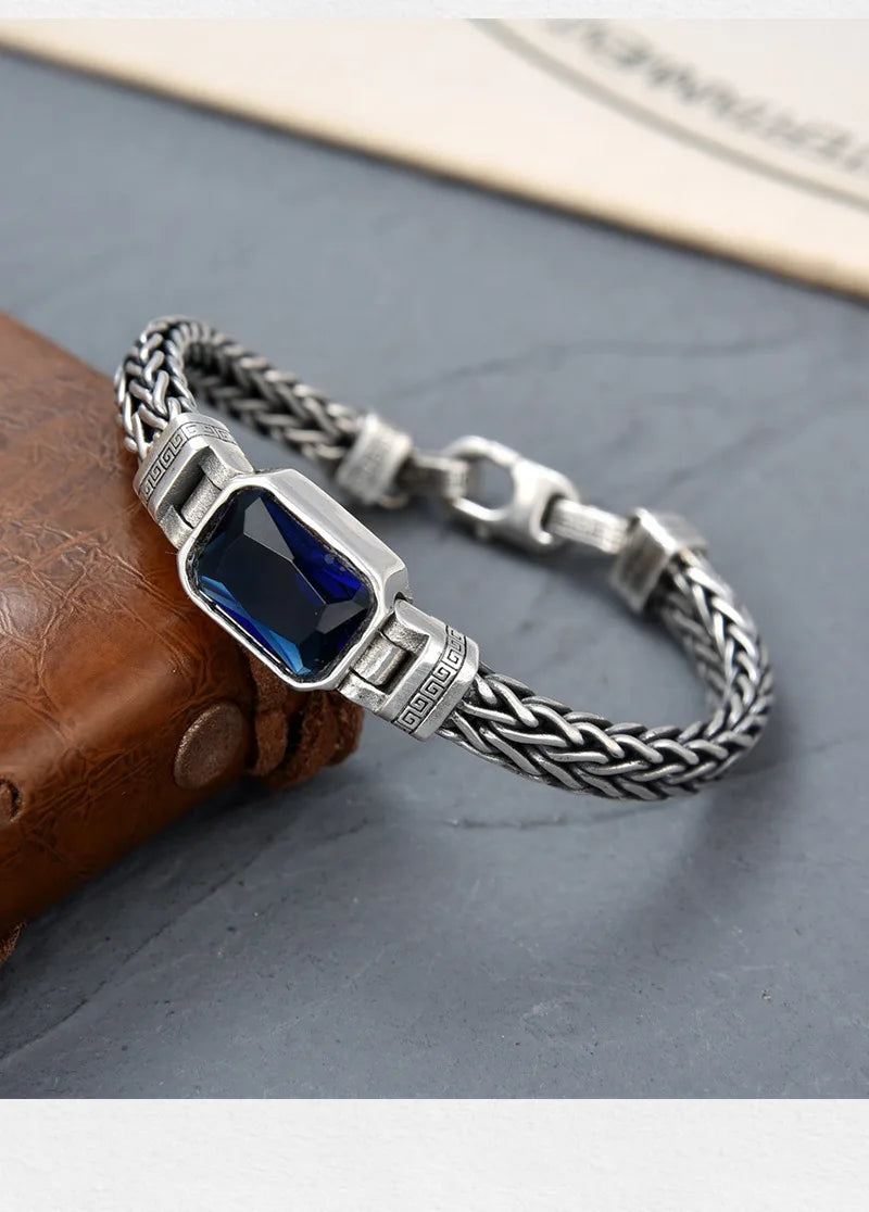 S925 Sterling Silver Couple Style Hand-Knitted Bracelet Old Vintage Stone Men Personalized Versatile 5MM Chain Fashion Jewelry