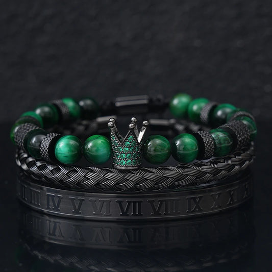 Luxury Set Tiger Stone Beads Crown Charms Man Bracelet Black Roman Stainless Steel Bangles Women Jewelry All Hallows’ Day Gift