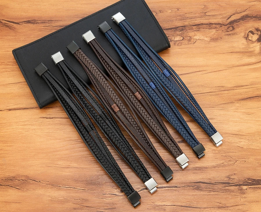 XQNI Luxury Fashion Hand-Woven Leather Bracelet Multilayer Men's Bangles Stainless Steel Magnetic Buckle Party Jewelry Gift