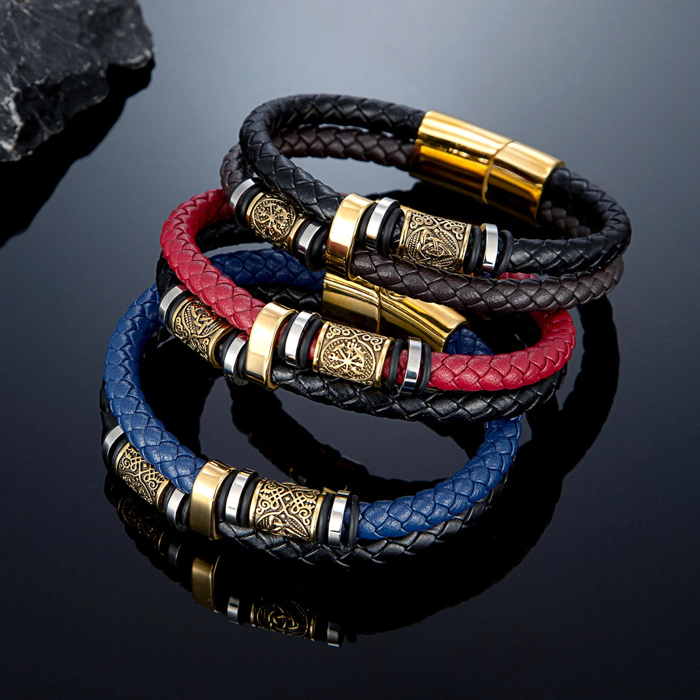 Punk Men's Genuine Leather & Stainless Steel Braided Bracelet - Viking Norse Runes Bead Bangle, Adjustable Couple Jewelry Gifts