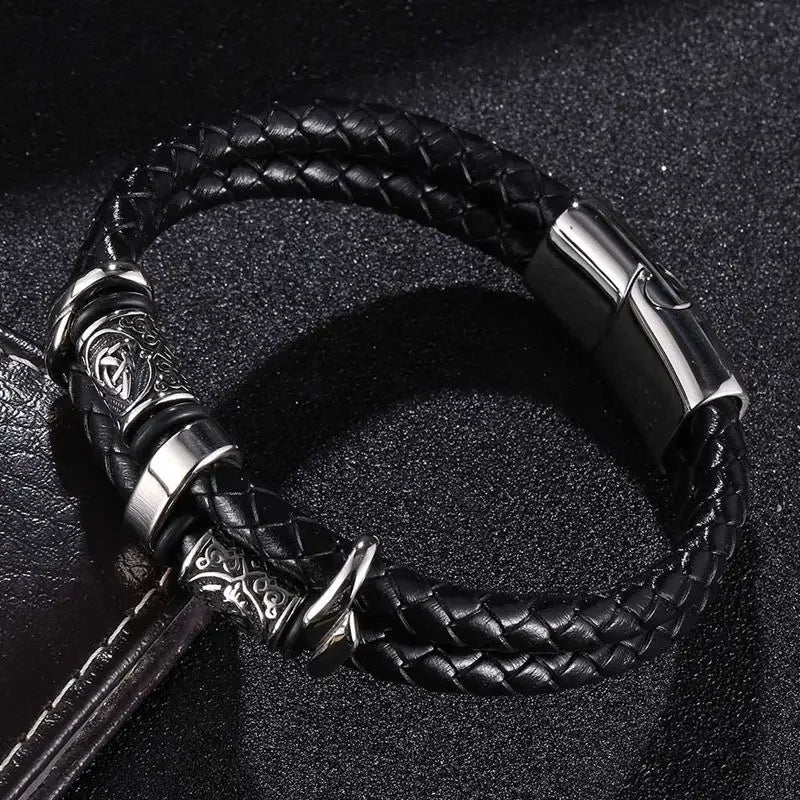 Viking Norse Runes Amulet Double Layer Braided Leather Men Bracelet Stainless Steel Trendy Punk Bangle Male Party Jewelry SP1339