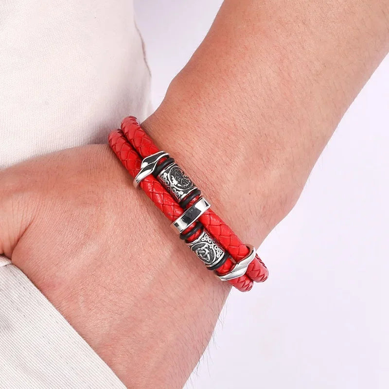Viking Norse Runes Amulet Double Layer Braided Leather Men Bracelet Stainless Steel Trendy Punk Bangle Male Party Jewelry SP1339