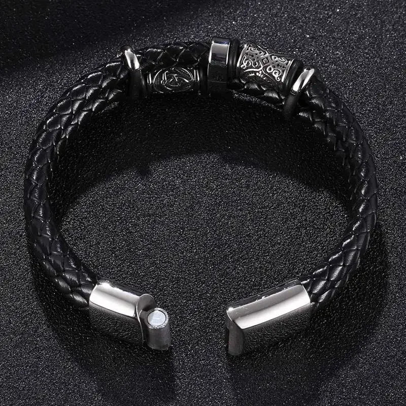 Viking Norse Runes Amulet Double Layer Braided Leather Men Bracelet Stainless Steel Trendy Punk Bangle Male Party Jewelry SP1339