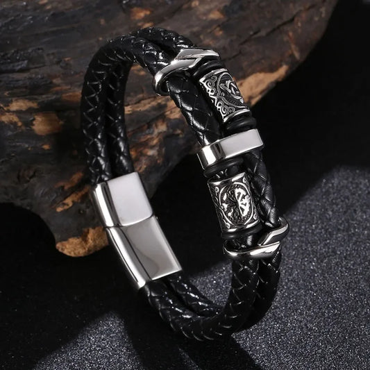 Viking Norse Runes Amulet Double Layer Braided Leather Men Bracelet Stainless Steel Trendy Punk Bangle Male Party Jewelry SP1339