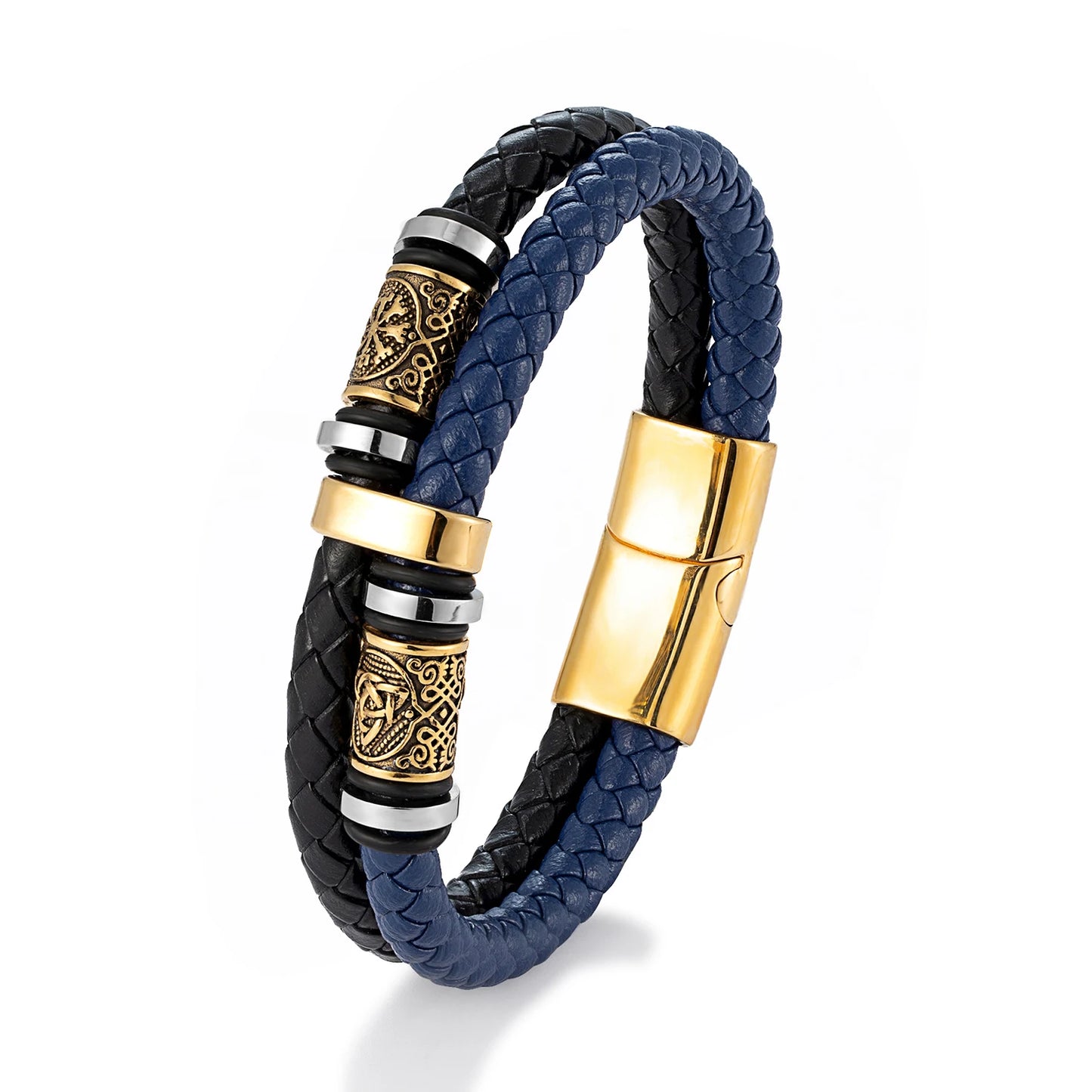 Punk Men's Genuine Leather & Stainless Steel Braided Bracelet - Viking Norse Runes Bead Bangle, Adjustable Couple Jewelry Gifts